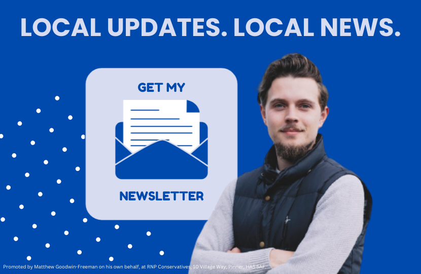 Image of Matthew next to a graphic of an open letter with the text 'Local Updates. Local News. Get my newsletter.'