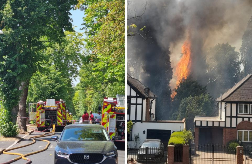 Split image of fire engines and the fire in Hatch End