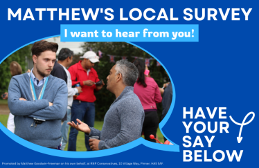 Image of Matthew listening to a resident with text reading 'Matthew's Local Survey. I want to hear from you! Have your say below'.