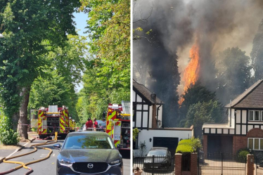 Split image of fire engines and the fire in Hatch End